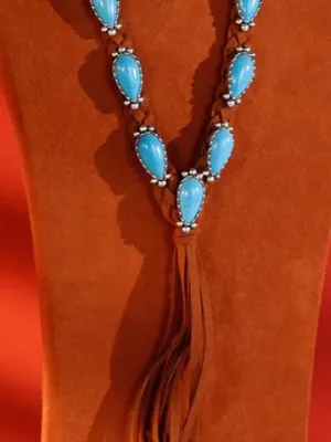 Rustic Couture Braided Tassle with Faux Turquoise Stones in a Silver Tone Concho thumbnail 2