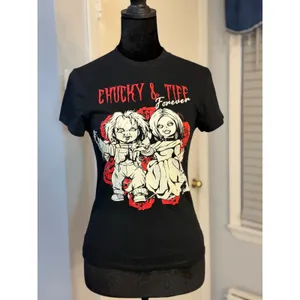 Chucky & Tiffany Forever Black Graphic T-Shirt Women's XS Horror Goth Tee thumbnail 2
