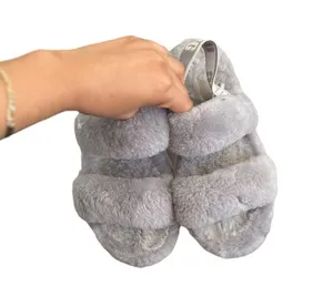 UGG Oh Yeah Fluffy Gray Sherpa Slides Slippers Sandals thumbnail 3