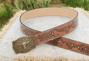 Western Style Bull Head Buckle Unisex Belt Vintage Embossed thumbnail 12