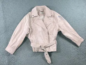 Guess‎ Moto Jacket Women S Pink Crinkled Faux Leather Belted Cropped Biker thumbnail 1