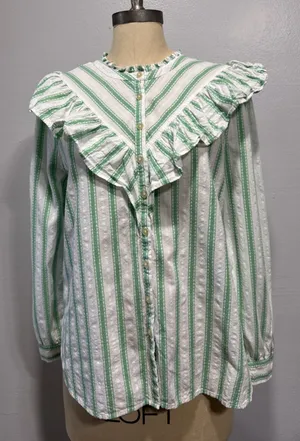 LOFT Green Striped Ruffle Long Sleeve Button Blouse M Cotton Top Peasant Modest thumbnail 1