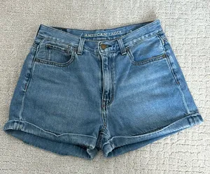 American Eagle “mom shorts” denim Jean cuffed high rise waist medium wash thumbnail 1