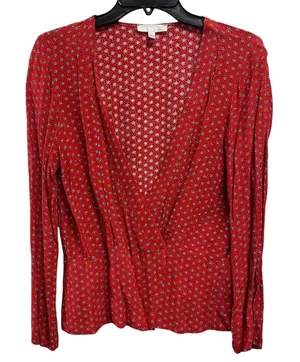 Cooperative Womens Large Red V Neck Wrap Top Long Sleeve Flower Polka Dot‎ thumbnail 1
