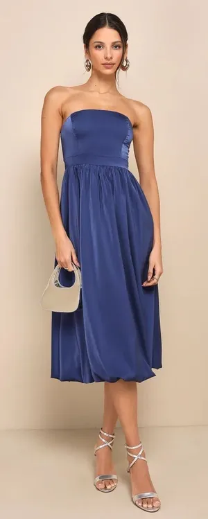 Lulus Lavish Elegance Navy Blue Satin Strapless Bubble-Hem Midi Dress, Size XS thumbnail 1