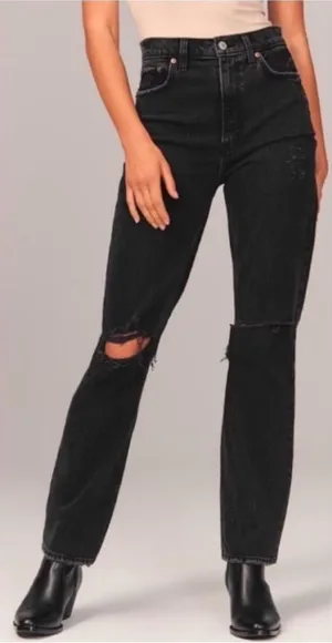 Abercrombie 90’s Straight Ultra High Rise Black Distressed Women's Jeans thumbnail 1