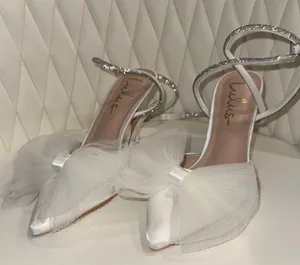 Lulu's White Satin Heels with Bow and Rhinestone Strap thumbnail 1