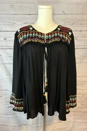 Boho Embroidered Black Fringe Tassel Cape Top Size L thumbnail 1