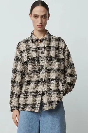 Zara Plaid Oversized Shirt Jacket Black Tan Shacket Tweed Oversized Size Medium thumbnail 1