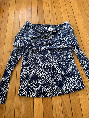 Lilly Pulitzer Navy and White Floral Cowl-Neck Top thumbnail 3