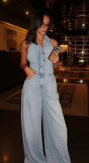 Zara jumpsuit denim halter wide leg open back bohemian casual summer thumbnail 1