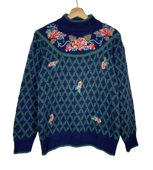 Vtg Sweater Floral Knit Hand Embroidered Grandma‎ Cottage Prairie Linen Cotton thumbnail 1