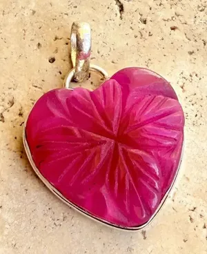 Carved Ruby Heart Clover Pendant 925 Silver Overlay Red thumbnail 1