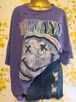 Nirvana NWT oversized distressed short sleeve graphic T shirt dress size L/XL thumbnail 4