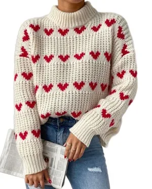 Womens Cream Red Heart Chunky Knit Mock Neck Sweater Pullover Small 0787 thumbnail 1