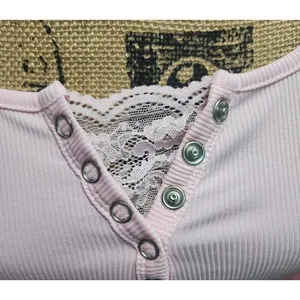 Henley Shirt Womens Size XL Light Pink Ribbed Knit‎ Lace Trim Casual Chic Soft thumbnail 5