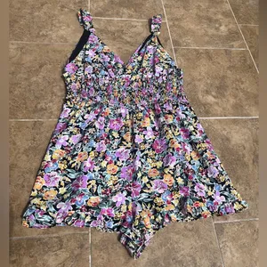 Floret Studios Floral Romper, Size XL, Smocked, Purple Yellow Black, Shorts thumbnail 3