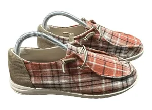 True Craft Plaid Slip On Loafers‎ Womens 7.5M Orange Brown Corduroy Comfortable Fall thumbnail 1