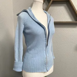 Y2k Light Blue Ribbed Zip Up Long Sleeve Sweater Winter Fall Grunge Alt thumbnail 2