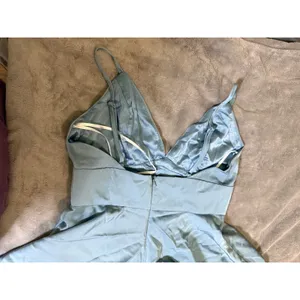 NWT Lulus‎ Going with Elegance Slate Blue Satin Tiered Gown Size Small Formal thumbnail 11