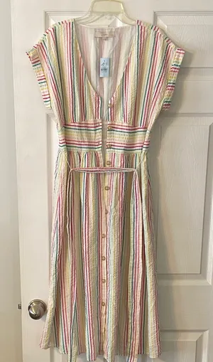 LOFT Colorful Striped Midi Summer Dress bottoms down size 8P brand new thumbnail 1