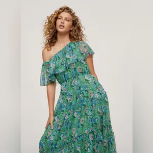 Mango Ruffle One-Shoulder Frill Hem‎ Floral Print Maxi Dress Green Size 2 thumbnail 3