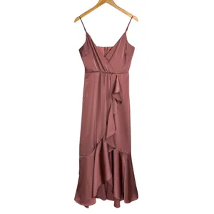 Lulus Enchanted Moments Mauve Pink Satin Ruffle Dress Sz Medium High Low V Neck thumbnail 4