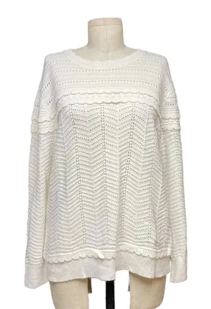 J. Crew Crewneck‎ Scalloped Pointelle Sweater Ivory Size XL thumbnail 1