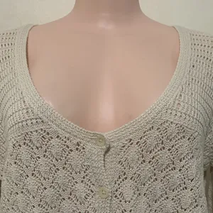 Lucky Brand crochet cardigan woman size XL button up v neck tan cream color thumbnail 7
