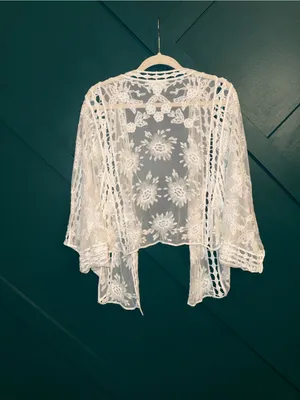 Cream White Floral Lace Kimono Cardigan Boho Crochet Size L thumbnail 2