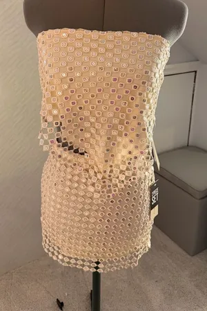 Ty Strapless Sequin Overlay Mini Dress - Cream with Iridescent Accents thumbnail 1