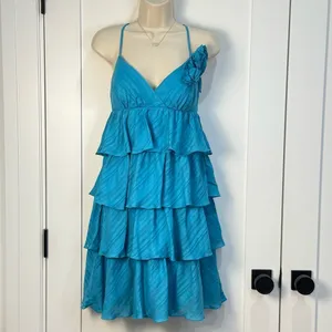 Vintage Trina Turk Y2K Ruffle Tiered Mini Dress 4 Blue Party Mermaid Whimsy Chic thumbnail 2