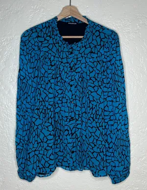 Whistles Blue Black Terrazzo Print Ruffle Neck Blouse US 12 UK 16 Long Sleeve thumbnail 1