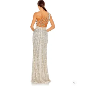 Mac Duggal 5687 SEQUINED ONE SHOULDER DRAPED LACE UP GOWN dress Silver 8 thumbnail 5