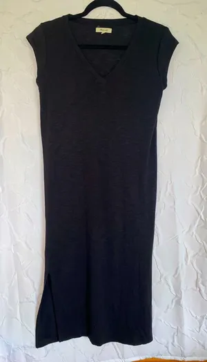 Madewell Midi V-Neck Women's Dress Small Cap Sleeves Slit Black Viscose thumbnail 1