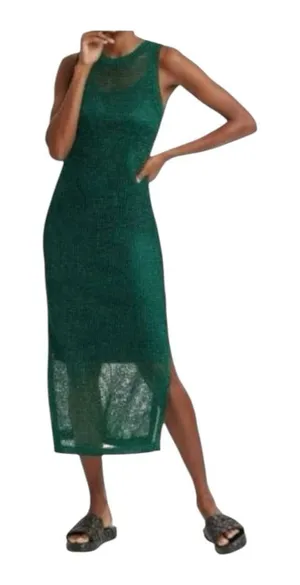 Metallic Green Mesh Midi Dress Size XS Bodycon Crochet Dress Sleeveless thumbnail 1