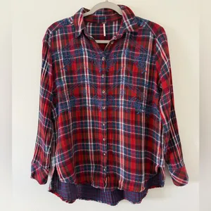 Free People Magical Plaid Boho Cottage Embroidered Cotton Button Down size small thumbnail 3
