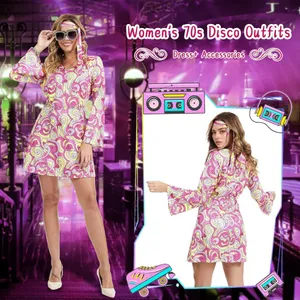 70s Disco Dress Hippie Halloween Costume Women Cosplay 7 pcs Outfit XX-LARGE thumbnail 2