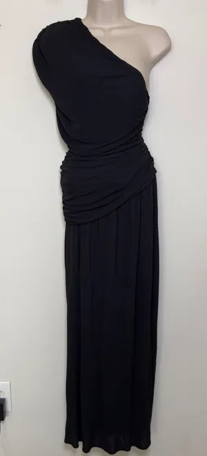 Helsa Women Jersey Dress M Caviar Black One Shoulder Maxi Ruched Formal Gala thumbnail 1