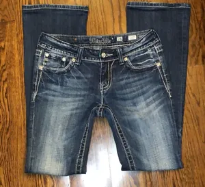 MISS ME Dark Wash Embellished Boot Cut Denim Low Rise Jeans Size 28x31 TAG 28x34 thumbnail 1