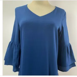 Belongsci Shift Dress Women XS Blue Tiered Bell Sleeve‎ V-Neck Mini 8817# thumbnail 3