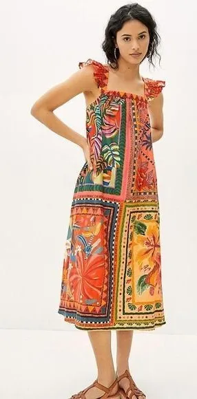 Anthropologie FARM RIO Mosaic Midi Dress Cotton Pockets Colorful Tropical Medium thumbnail 1