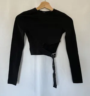 Urban‎ Outfitters Black Long Sleeve Crop Top With Belted Detail goth boho thumbnail 1