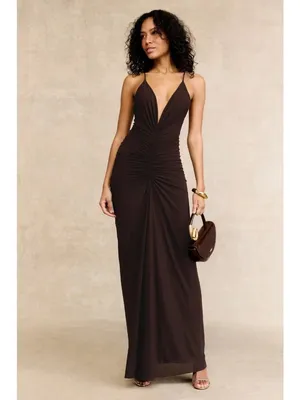 Ronny Kobo Anya V-Neck Column Jersey Maxi Dress in Chocolate Brown XSmall Womens thumbnail 11
