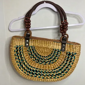 Brown Tan Teal Woven Straw Women’s Purse Handbag Wood Bead Accents Boho Beach thumbnail 3