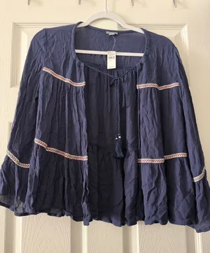 Aerie NWT Navy Boho Bell Sleeve Tassel Top Medium thumbnail 1