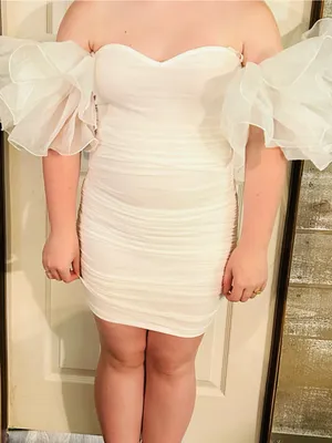 Off-Shoulder White Ruched Mini Dress with Sheer Puff Sleeves thumbnail 1