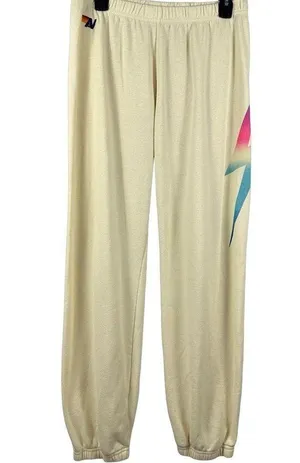 Aviator Nation Rainbow Lightning Bolt Sweatpants Joggers Cream Vintage White XL thumbnail 1