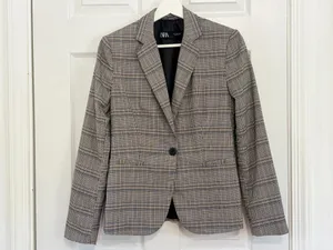 ZARA Womens Plaid Blazer Brown Glen Check Tailored Preppy Academia Old Money Chic Size S thumbnail 2