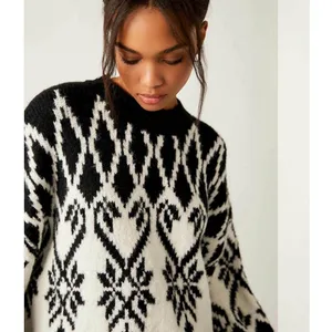 Free People Fireside Patterned Tunic Small Black White Oversized Sweater‎ Hearts thumbnail 4